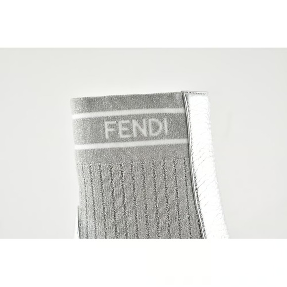 Fendi Rockoko Silver Scuba Stretch FF Logo Knit Sock Ankle Kitten Heel Boot 37.5 - Picture 9 of 12